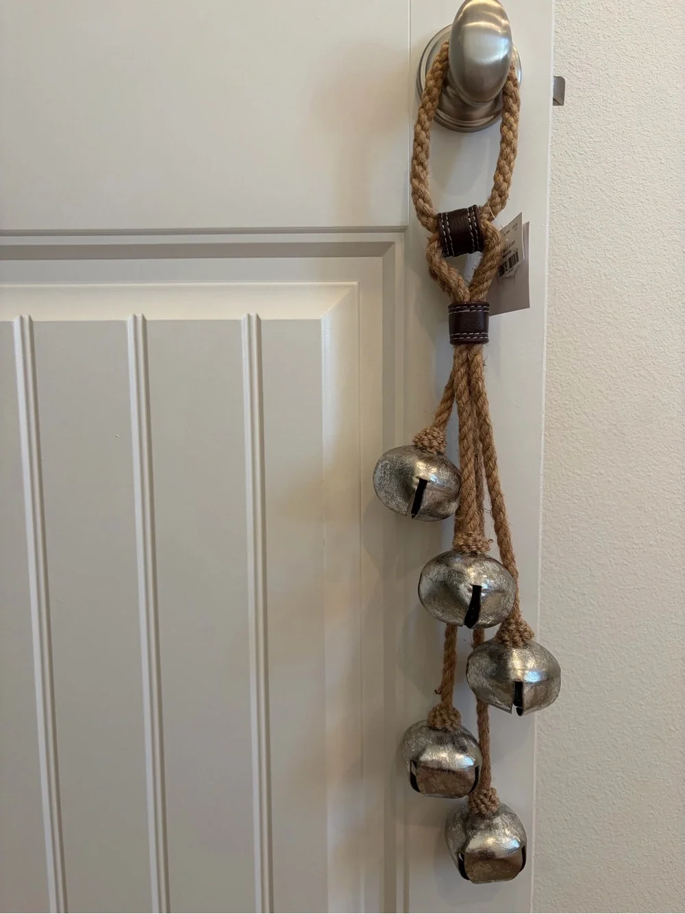 Jute Rope Door Hanger w/ 5 Jingle Bells, Silver Finish 21”